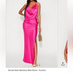 Fashion Nova Vibrant Pink Satin Backless Dress